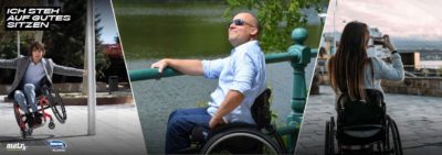 Drei Lifestylebilder mit Fokus auf dem Rollstuhl, einem Sitzkissen und dem Rücken eines Rollstuhls.