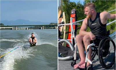 Rollstuhlfahrer Sebatian Stabler fährt Wakeboard im Sitzen